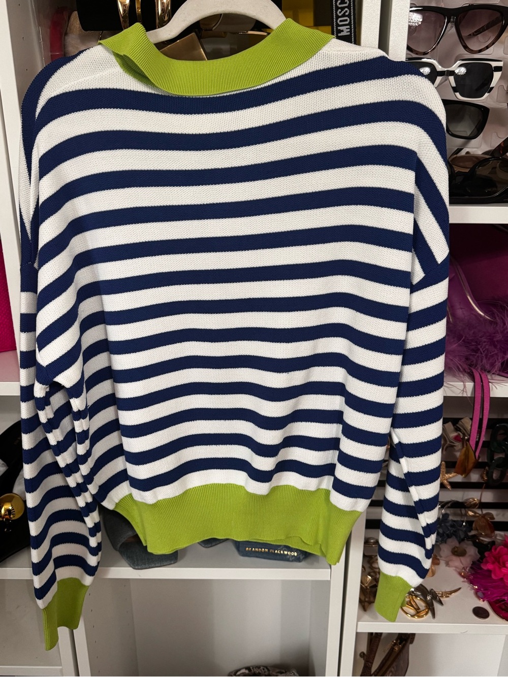 Zara Navy & White Striped Crewneck Sweater with Lime Trim - Picture 4 of 4